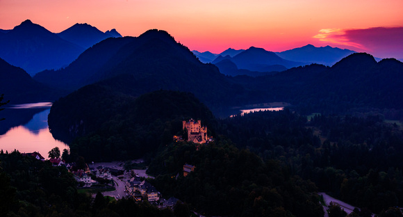Sunset over Hohenschwangau Castle and Lake Alpsee - Bavaria Germany
