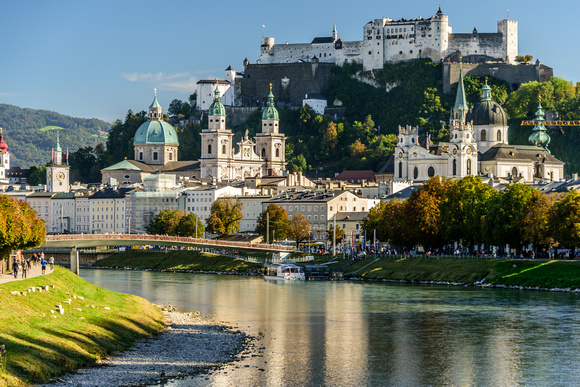 Salzach River and Hohensalzburg Fortress from Mullner Steg Bridge - Salzburg