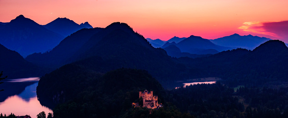 Sunset over Hohenschwangau Castle and Lake Alpsee