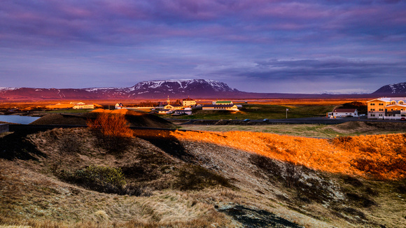 Skútustaðir Pseudocraters and Settlement of Skútustaðir near Lake Mývatn at Sunset