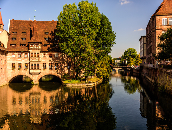 Holy Ghost Hospital from Fleischbrucke (Meat Bridge) and the Pegnitz River - Nuremberg