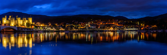 Conwy and Conwy Castle Panorama at Twilight